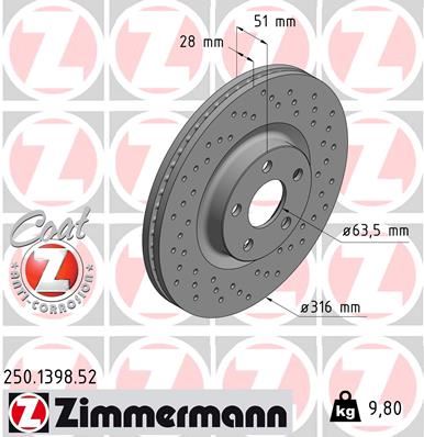 ZIMMERMANN 250.1398.52 Fren Sistemleri Fren Diski - FORD S-MAX (CJ, WA6) uyumlu