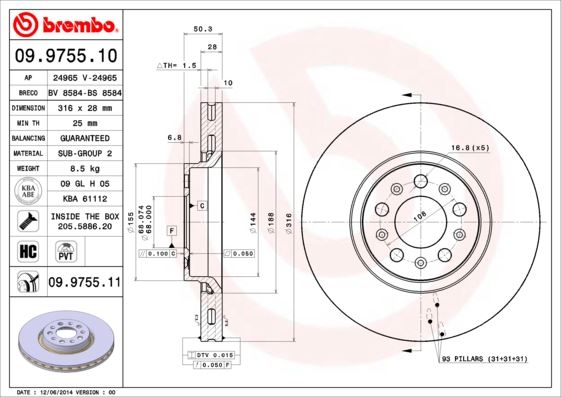 BREMBO 09.9755.11 Fren Sistemleri Fren Diski - VOLVO XC90 I (275) uyumlu