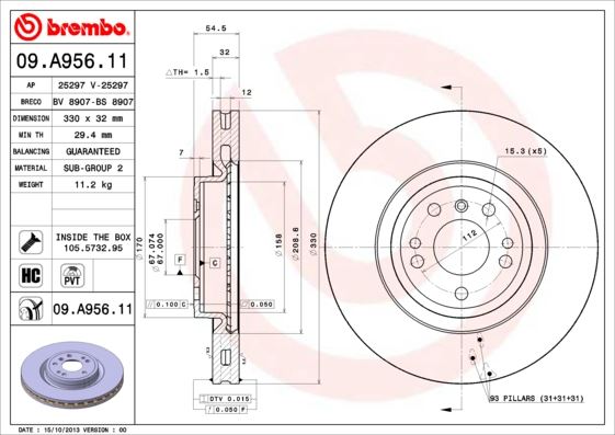 BREMBO 09.A956.11 Fren Sistemleri Fren Diski - MERCEDES-BENZ M-SERISI (W166) uyumlu