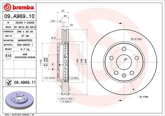 BREMBO 09.A969.10 Fren Sistemleri Fren Diski - SAAB 9-5 (YS3G) uyumlu
