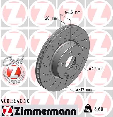 ZIMMERMANN 400.3640.20 Fren Sistemleri Fren Diski - MERCEDES-BENZ SL (R230) uyumlu