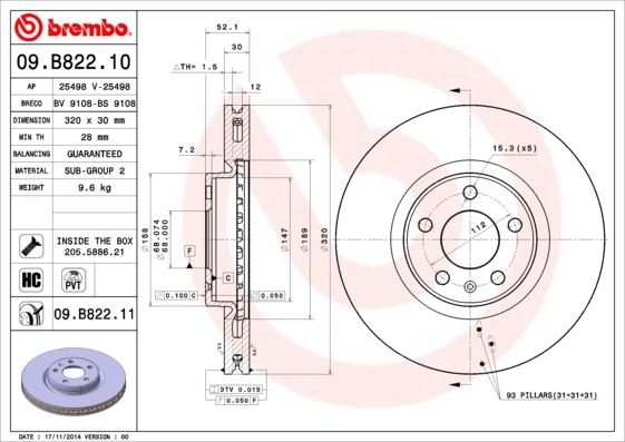 BREMBO 09.B822.11 Fren Sistemleri Fren Diski - AUDI Q5 (8RB) uyumlu