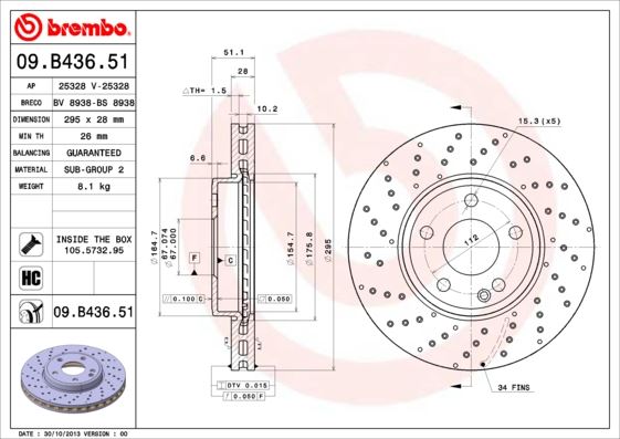 BREMBO 09.B436.51 Fren Sistemleri Fren Diski - MERCEDES-BENZ B-SERISI Sports Tourer (W246, W242) uyumlu