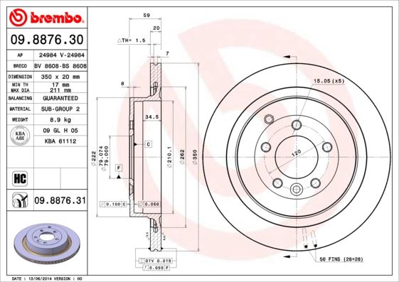 BREMBO 09.8876.31 Fren Sistemleri Fren Diski - LAND ROVER DISCOVERY IV (L319) uyumlu