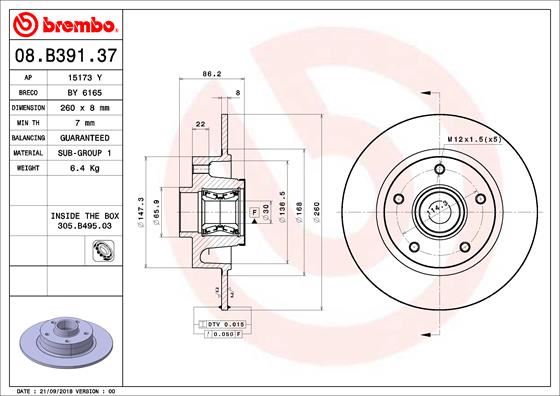 BREMBO 08.B391.37 Fren Sistemleri Fren Diski - RENAULT MEGANE IV Grandtour (K9A/M/N_) uyumlu