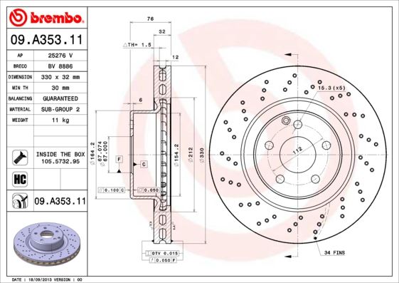 BREMBO 09.A353.11 Fren Sistemleri Fren Diski - MERCEDES-BENZ S-SERISI (W220, V220) uyumlu