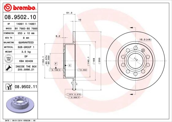 BREMBO 08.9502.10 Fren Sistemleri Fren Diski - SEAT LEON (1P1) uyumlu