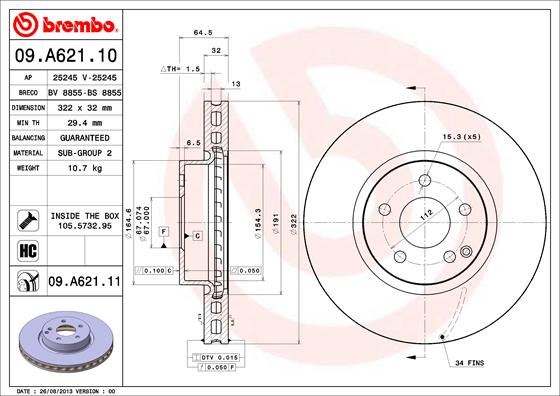 BREMBO 09.A621.11 Fren Sistemleri Fren Diski - MERCEDES-BENZ SLK (R172) uyumlu
