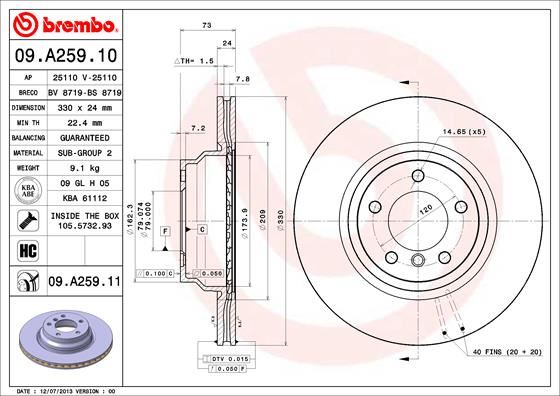 BREMBO 09.A259.11 Fren Sistemleri Fren Diski - BMW 3 Touring (E91) uyumlu