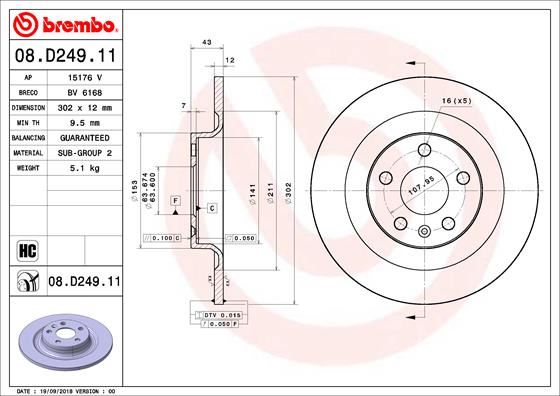 BREMBO 08.D249.11 Fren Sistemleri Fren Diski - VOLVO V90 II Station wagon (235) uyumlu