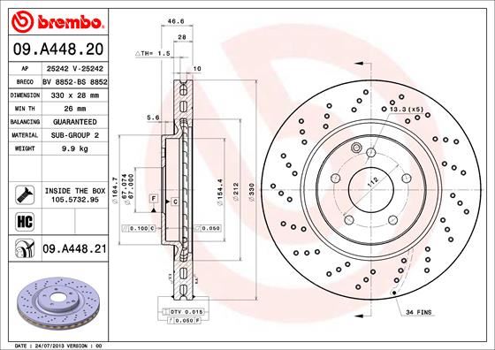 BREMBO 09.A448.21 Fren Sistemleri Fren Diski - MERCEDES-BENZ C-SERISI T-Model (S203) uyumlu
