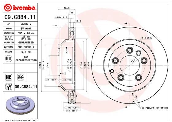 BREMBO 09.C884.11 Fren Sistemleri Fren Diski - PORSCHE CAYENNE (92A) uyumlu