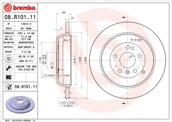 BREMBO 08.R101.11 Fren Sistemleri Fren Diski - MERCEDES-BENZ R-SERISI (W251, V251) uyumlu