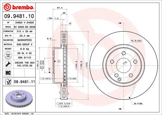 BREMBO 09.9481.11 Fren Sistemleri Fren Diski - MERCEDES-BENZ E-SERISI (W211) uyumlu