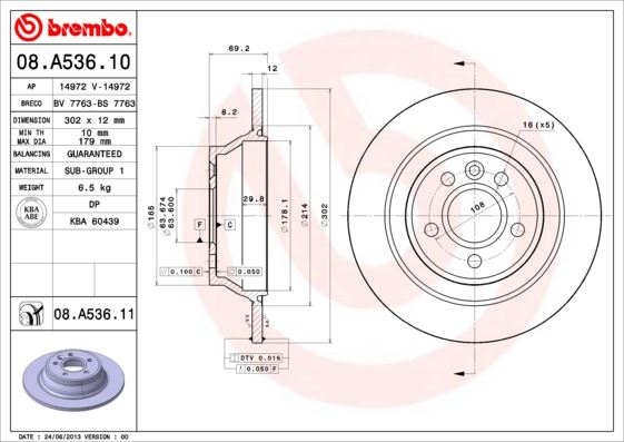 BREMBO 08.A536.11 Fren Sistemleri Fren Diski - VOLVO V70 III (135) uyumlu