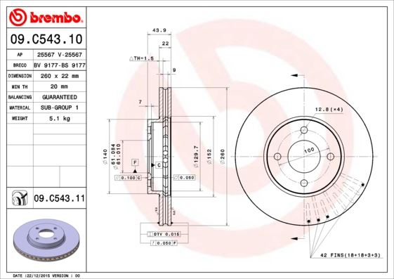 BREMBO 09.C543.11 Fren Sistemleri Fren Diski - NISSAN MICRA IV (K13K, K13KK) uyumlu