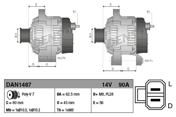 DENSO DAN1487 Elektrik Sistemi Alternatör - ISUZU D-MAX I (TFR, TFS) uyumlu