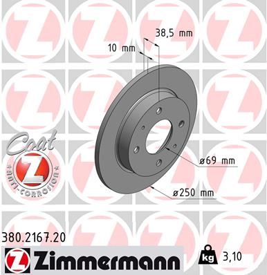 ZIMMERMANN 380.2167.20 Fren Sistemleri Fren Diski - SMART FORFOUR (454) uyumlu