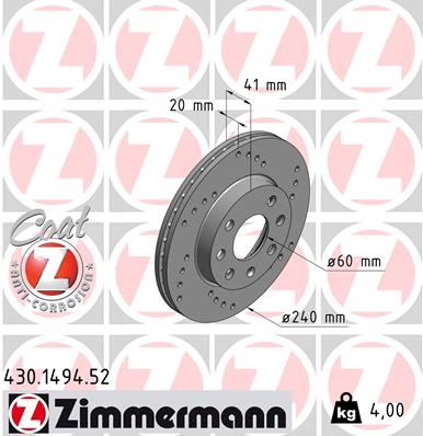 ZIMMERMANN 430.1494.52 Fren Sistemleri Fren Diski - OPEL CORSA C Kasa/eğik arka (X01) uyumlu