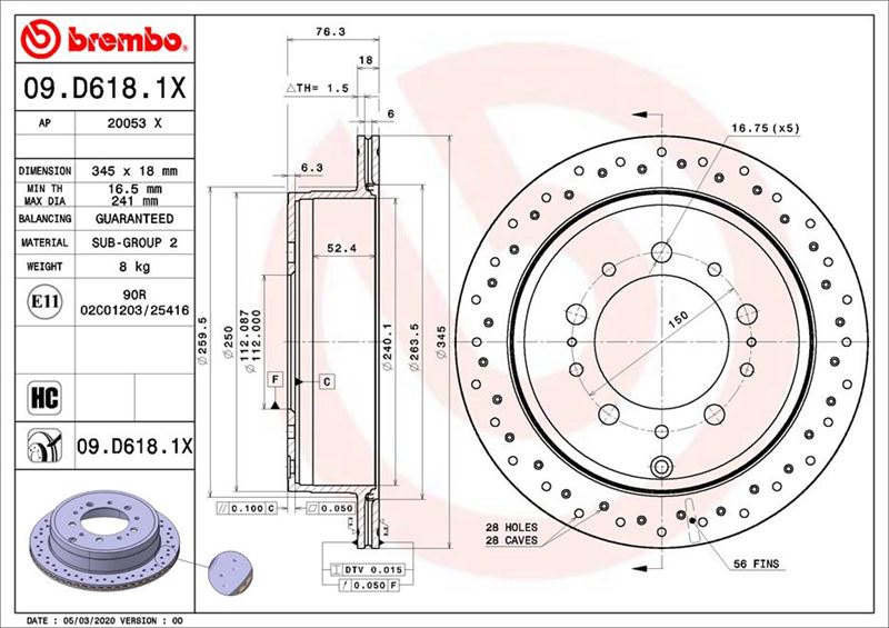 BREMBO 09.D618.1X Fren Sistemleri Fren Diski - TOYOTA LAND CRUISER 200 (_J2_) uyumlu