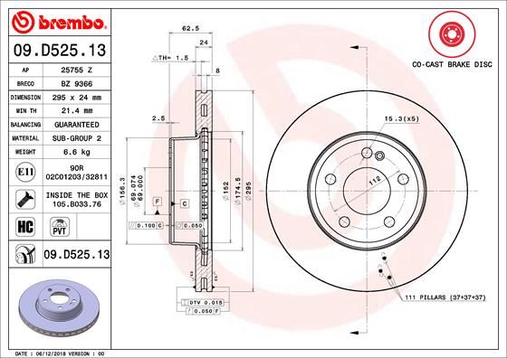 BREMBO 09.D525.13 Fren Sistemleri Fren Diski - MERCEDES-BENZ C-SERISI (W205) uyumlu