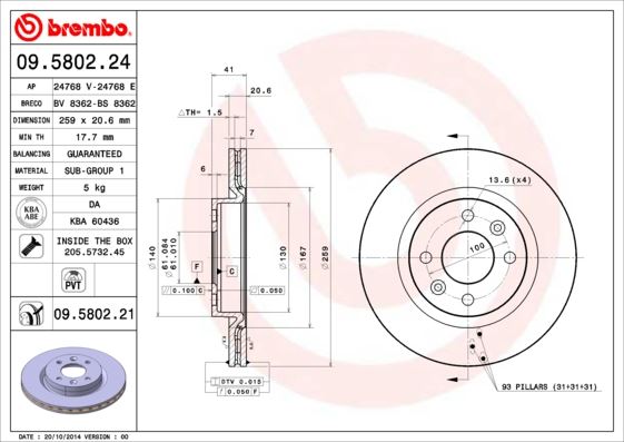 BREMBO 09.5802.24 Fren Sistemleri Fren Diski - RENAULT 19 II (B/C53_) uyumlu