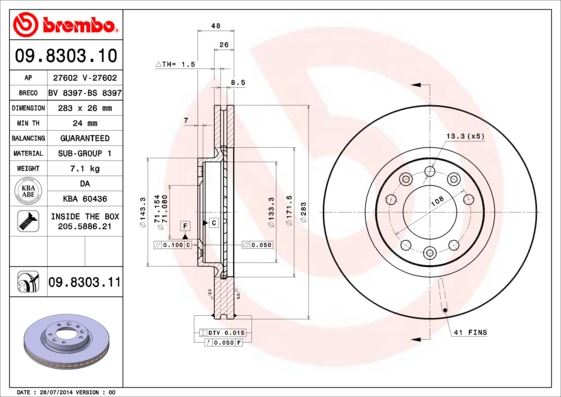 BREMBO 09.8303.10 Fren Sistemleri Fren Diski - PEUGEOT 508 I (8D_) uyumlu