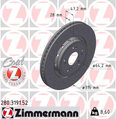 ZIMMERMANN 280.3191.52 Fren Sistemleri Fren Diski - HONDA CR-V IV (RM_) uyumlu