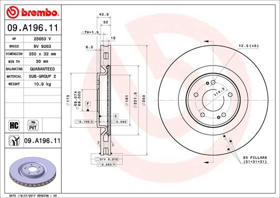 BREMBO 09.A196.11 Fren Sistemleri Fren Diski - MITSUBISHI LANCER VIII (CY_A, CZ_A) uyumlu