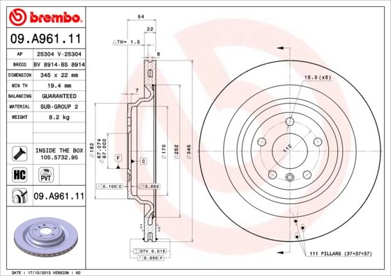 BREMBO 09.A961.11 Fren Sistemleri Fren Diski - MERCEDES-BENZ M-SERISI (W166) uyumlu