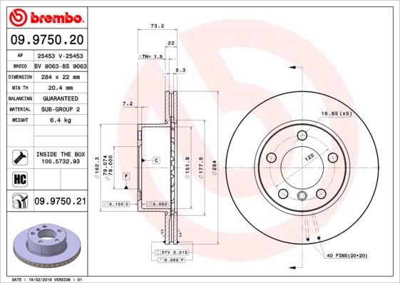 BREMBO 09.9750.21 Fren Sistemleri Fren Diski - BMW 1 (F20) uyumlu