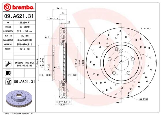 BREMBO 09.A621.31 Fren Sistemleri Fren Diski - MERCEDES-BENZ C-SERISI (W204) uyumlu
