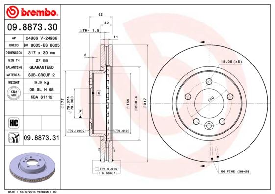 BREMBO 09.8873.31 Fren Sistemleri Fren Diski - LAND ROVER DISCOVERY IV (L319) uyumlu