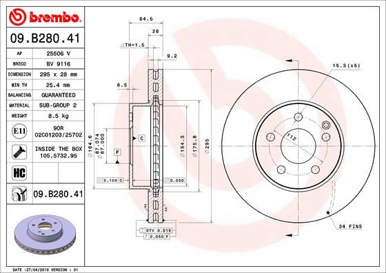 BREMBO 09.B280.41 Fren Sistemleri Fren Diski - MERCEDES-BENZ C-SERISI T-Model (S204) uyumlu