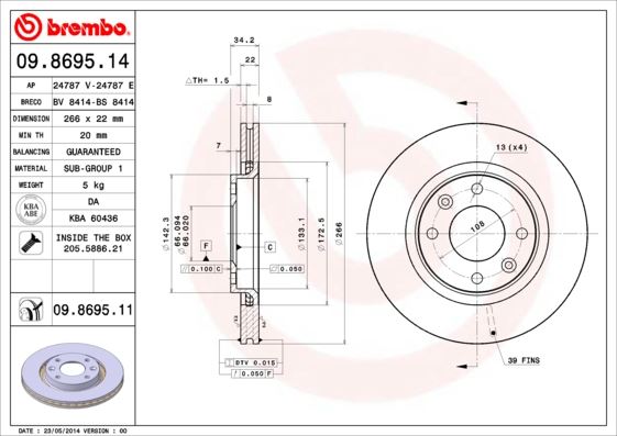 BREMBO 09.8695.14 Fren Sistemleri Fren Diski - CITROËN C4 II (NC_) uyumlu