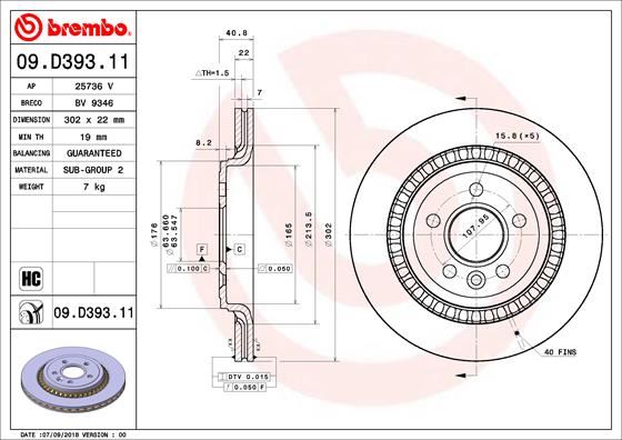 BREMBO 09.D393.11 Fren Sistemleri Fren Diski - VOLVO V60 I (155) uyumlu