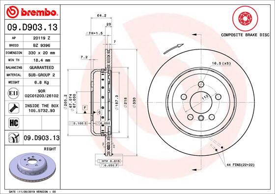 BREMBO 09.D903.13 Fren Sistemleri Fren Diski - BMW 7 (G11, G12) uyumlu