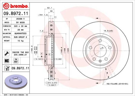 BREMBO 09.B972.11 Fren Sistemleri Fren Diski - AUDI A7 Sportback (4GA, 4GF) uyumlu