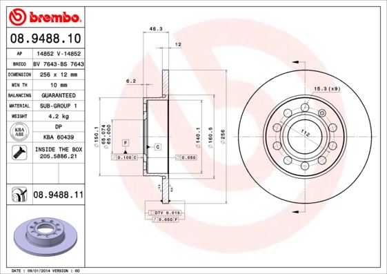BREMBO 08.9488.10 Fren Sistemleri Fren Diski - VW CADDY III Kasa/büyük limuzin (2KA, 2KH, 2CA, 2CH) uyumlu