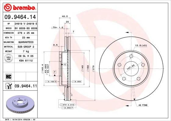 BREMBO 09.9464.14 Fren Sistemleri Fren Diski - VOLVO C30 (533) uyumlu