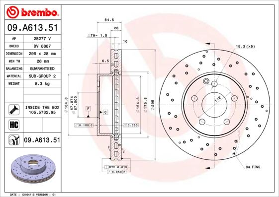 BREMBO 09.A613.51 Fren Sistemleri Fren Diski - MERCEDES-BENZ C-SERISI T-Model (S204) uyumlu