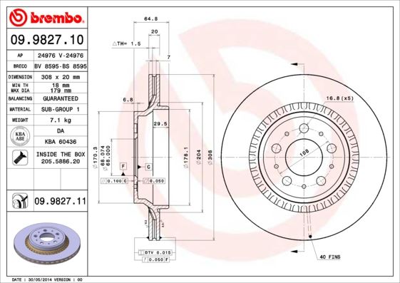BREMBO 09.9827.11 Fren Sistemleri Fren Diski - VOLVO XC90 I (275) uyumlu