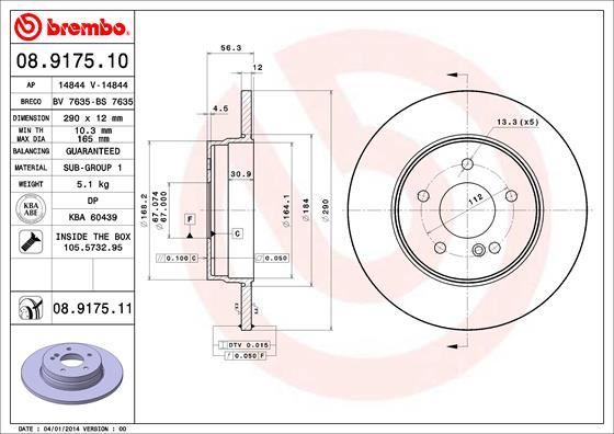 BREMBO 08.9175.11 Fren Sistemleri Fren Diski - MERCEDES-BENZ E-SERISI T-Model (S210) uyumlu