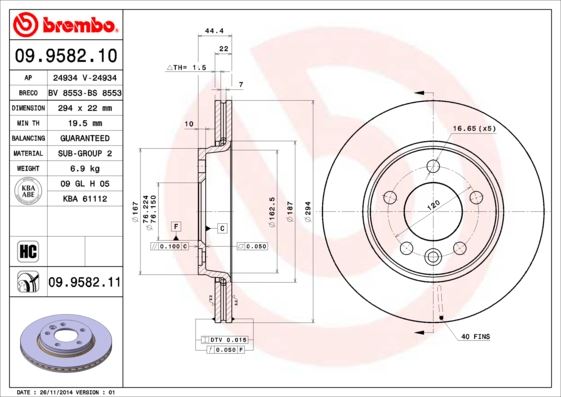 BREMBO 09.9582.10 Fren Sistemleri Fren Diski - VW TRANSPORTER T5 Minibüs/Otobüs (7HB, 7HJ, 7EB, 7EJ) uyumlu