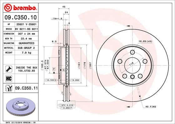 BREMBO 09.C350.11 Fren Sistemleri Fren Diski - BMW 2 Active Tourer (F45) uyumlu