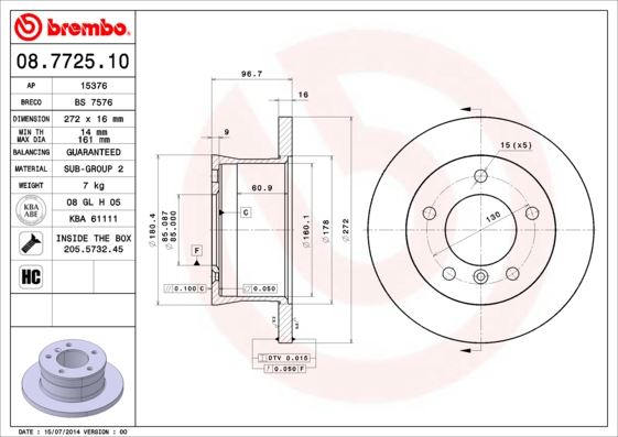 BREMBO 08.7725.10 Fren Sistemleri Fren Diski - MERCEDES-BENZ G-SERISI (W463) uyumlu