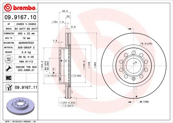 BREMBO 09.9167.10 Fren Sistemleri Fren Diski - SEAT LEON (1P1) uyumlu