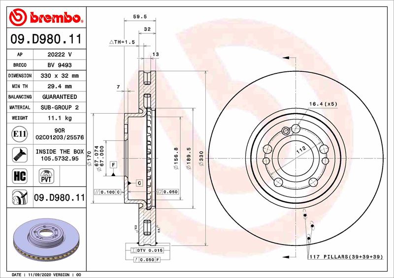 BREMBO 09.D980.11 Fren Sistemleri Fren Diski - MERCEDES-BENZ GLE (V167) uyumlu