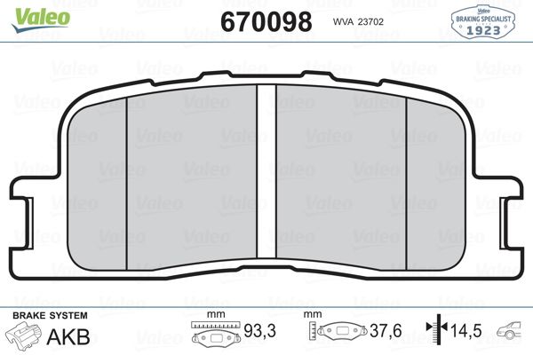 VALEO 670098 Fren Sistemleri Fren Balatası - TOYOTA CAMRY Sedan (_V3_) uyumlu