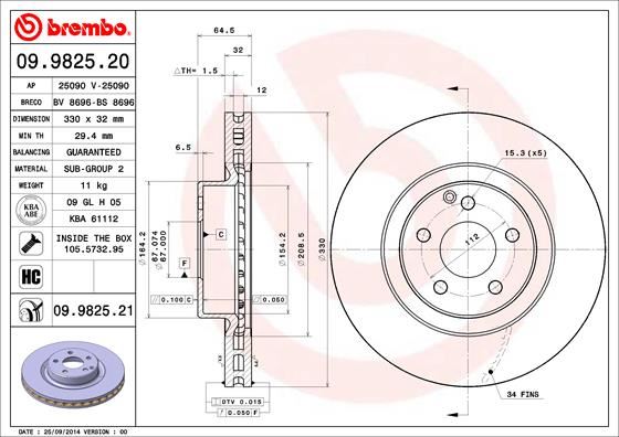 BREMBO 09.9825.21 Fren Sistemleri Fren Diski - MERCEDES-BENZ GLK-SERISI (X204) uyumlu